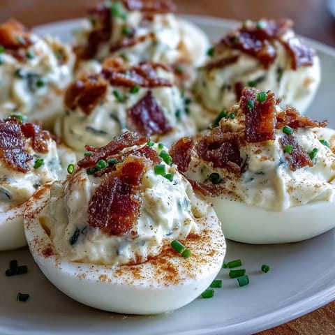 Creamy Bacon Ranch Deviled Eggs with crispy bacon crumbles and fresh chives, perfect for Easter brunch or festive gatherings.