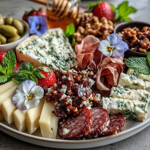 Spring Charcuterie Board with Edible Flowers and Fruits - elegant spread featuring prosciutto, brie, grapes, and delicate pansies for spring celebrations.