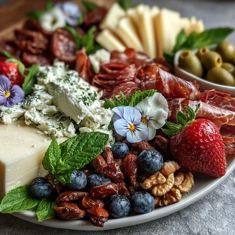 Spring Charcuterie Board with Edible Flowers and Fruits - vibrant mix of cured meats, cheeses, fresh berries, and colorful edible blooms.