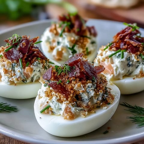 Creamy deviled eggs filled with smoked salmon and topped with everything bagel seasoning, perfect for brunch or parties.