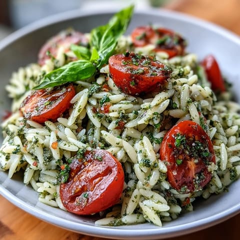 Cold pesto orzo salad with cherry tomatoes and mozzarella, perfect for summer picnics or light lunches.  