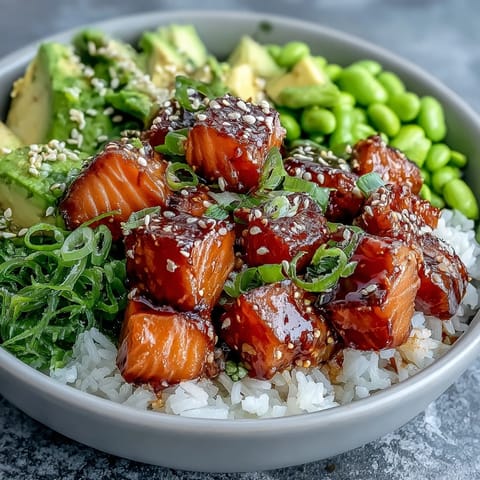Freshly marinated Salmon Poke Bowl, topped with vibrant vegetables and rice.