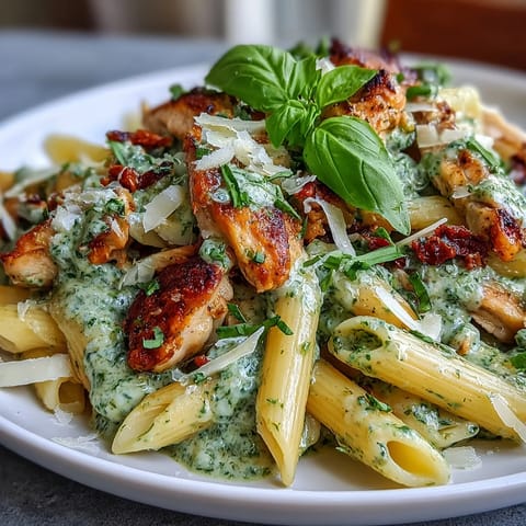 Velvety creamy pesto pasta with tender chicken bathed in rich basil sauce.