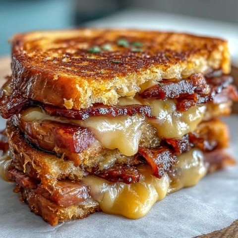 Melted Cuban Sandwich Grilled Cheese with pickles and melted Swiss cheese.