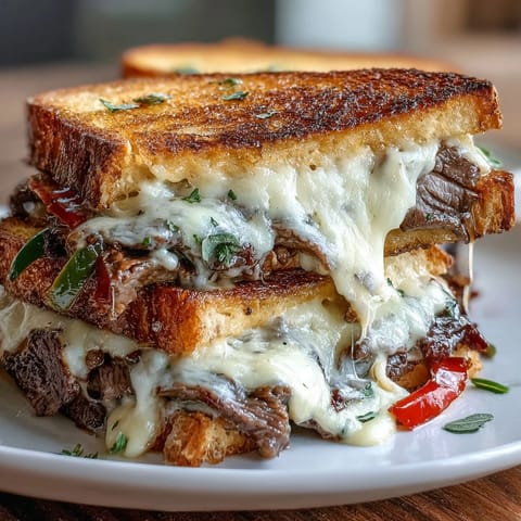 Philly Cheesesteak Grilled Cheese with gooey provolone oozing from buttery toasted bread.