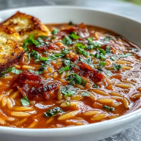 Rich tomato soup orzo, topped with crispy, cheesy grilled cheese croutons and basil.