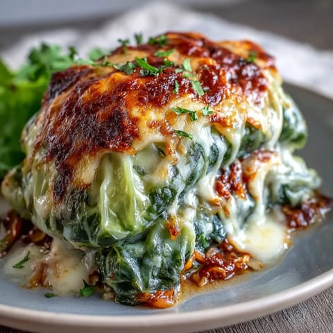 Golden Cabbage Dumpling Lasagna baked with a bubbly cheese topping.