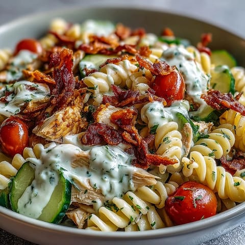 Creamy Chicken Bacon Ranch Pasta Salad in a bowl, generously portioned and topped with chives.