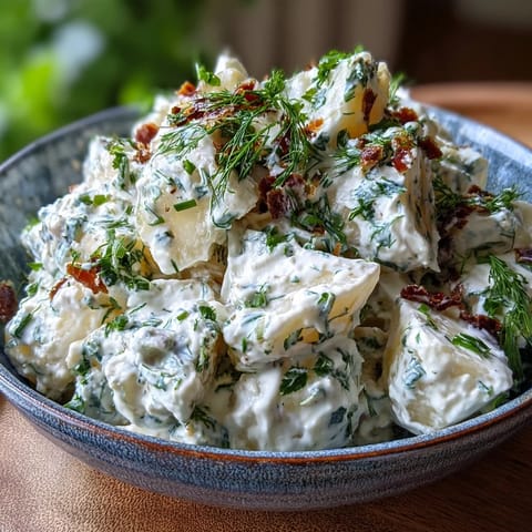 Creamy Cottage Cheese Ranch Potato Salad with fresh herbs and crunchy celery.