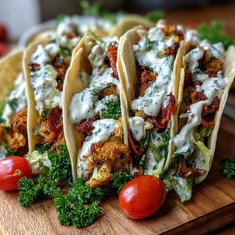 Crispy cabbage Caesar tacos piled high, glistening with creamy dressing and fresh toppings.