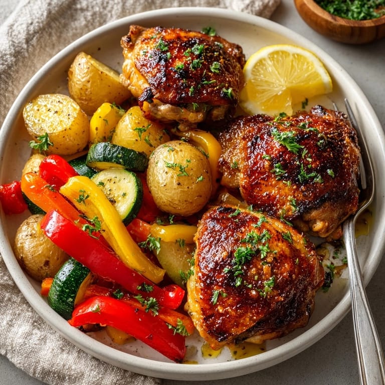 Golden roasted Sheet Pan Honey Mustard Chicken and Vegetables, vibrant and steaming, perfect for busy weeknights.
