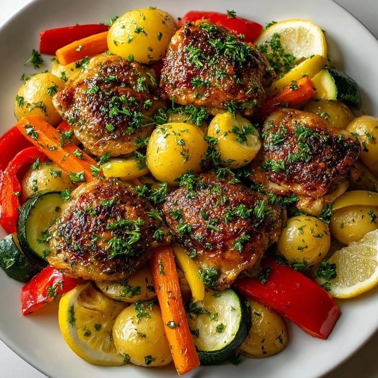 Juicy Sheet Pan Honey Mustard Chicken and Vegetables just out of the oven, ready for serving family style.
