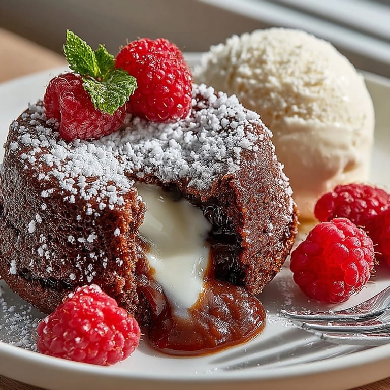 Rich salted caramel chocolate lava cakes served warm with a scoop of vanilla ice cream.