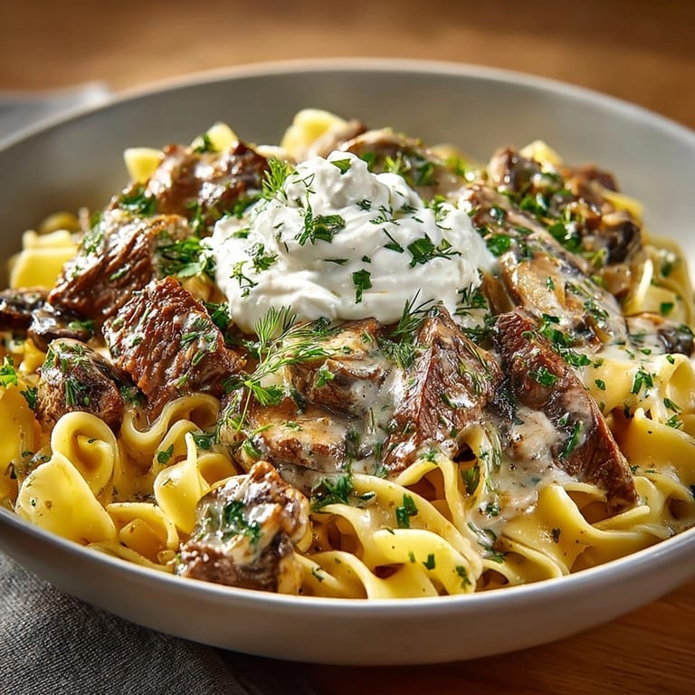 Creamy classic Beef and Mushroom Stroganoff with tender beef strips and rich mushroom gravy.