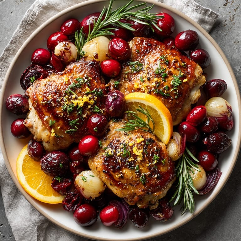 A beautifully roasted Cherry-Coded Holiday Cranberry Chicken Sheet Pan, seasoned with herbs, offering a savory holiday meal.