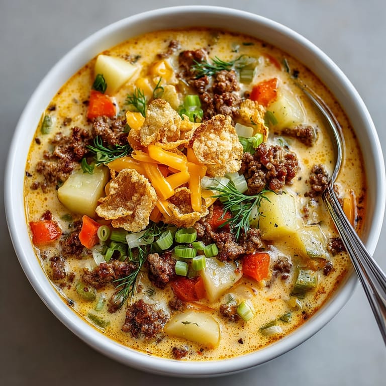 This comforting bowl of cheeseburger soup features ground beef, potatoes, and melty cheese, perfectly warm.