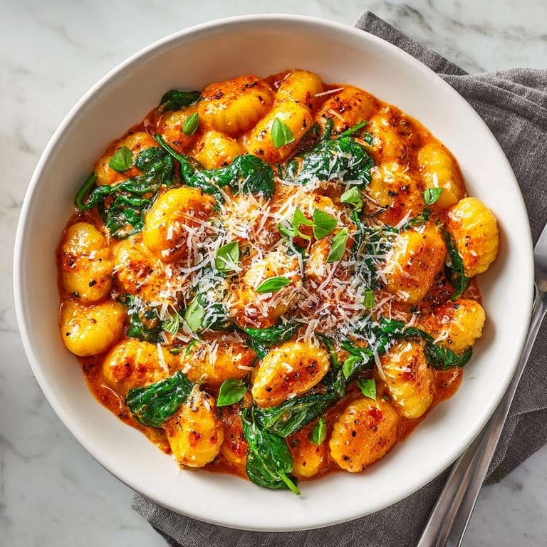 A close-up view of the vibrant, creamy One-Pot Creamy Tomato Gnocchi, ready to be served.