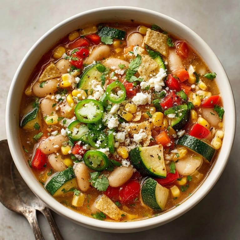 Aromatic One-Pot Green Chili White Beans & Corn Stew, rustic and flavorful, with vibrant corn and chunky vegetables in broth.