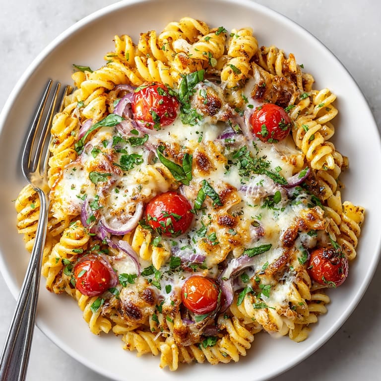 Golden and bubbly Speedy Cherry-Tomato Baked Pasta, a one-skillet meal perfect for a weeknight dinner.