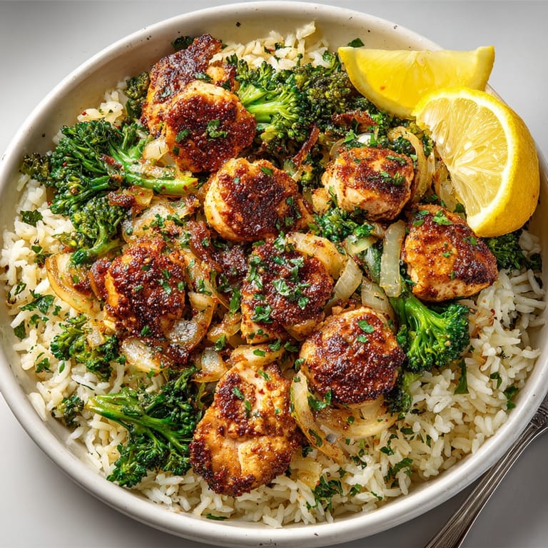 Fluffy rice and tender chicken coated in buttery garlic sauce, featured in our 20-Minute Garlic-Butter Chicken & Broccoli Rice.