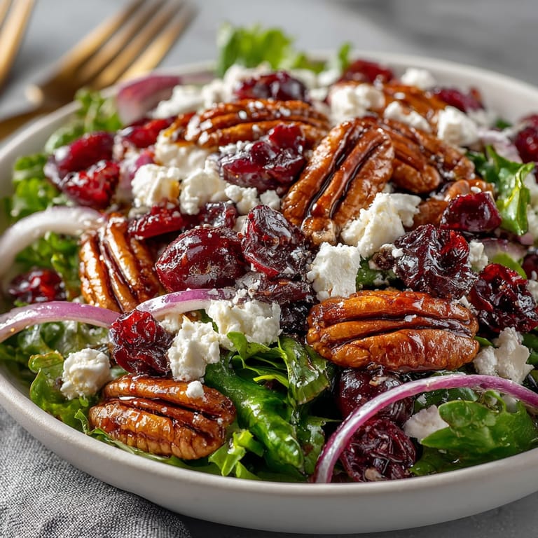 Tossed in a light vinaigrette, this Cherry-Coded Cranberry-Pecan Salad offers a delightful blend of sweet and savory flavors.