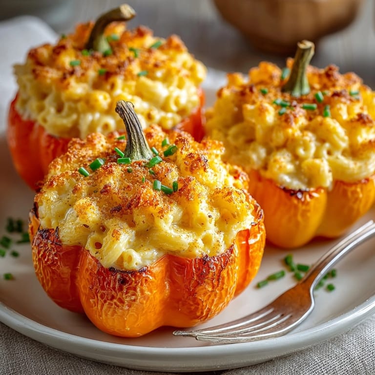 A close-up of comforting Halloween Orange Mac and Cheese Bowls, ready to eat, with pepper "lids."