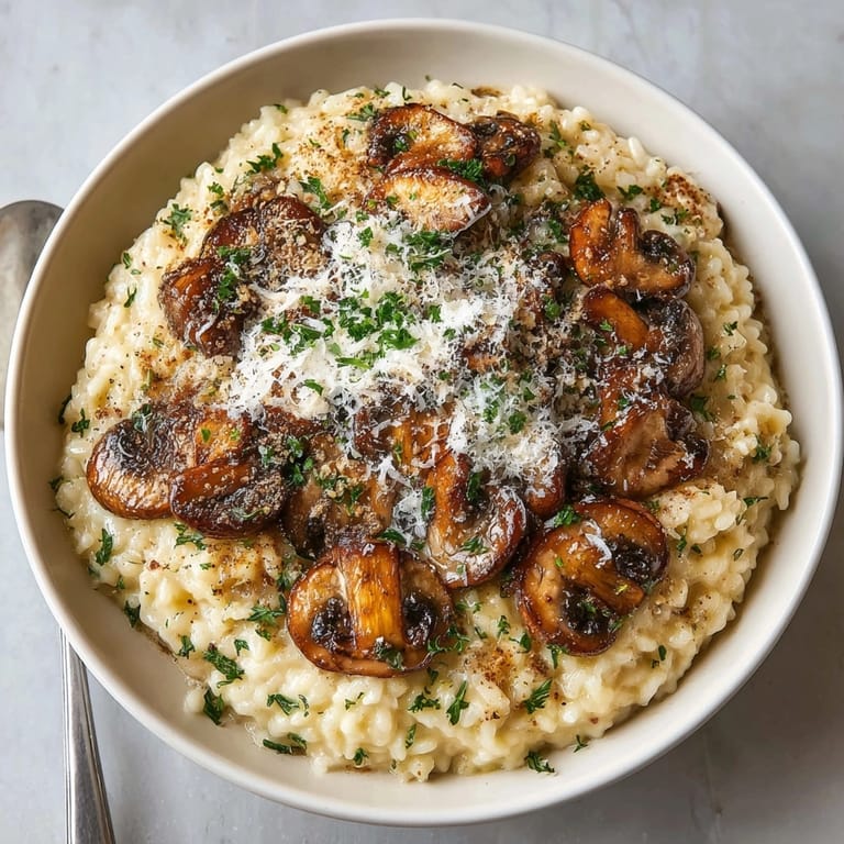 Golden, glistening One-Pot Creamy Mushroom Risotto ready to serve, a comforting vegetarian Italian meal.
