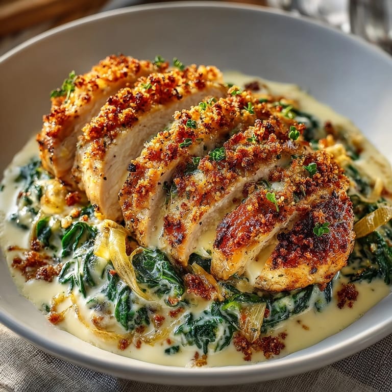 This image shows a beautiful Creamy Spinach and Chicken Bake, ready to be served with tender, baked chicken.
