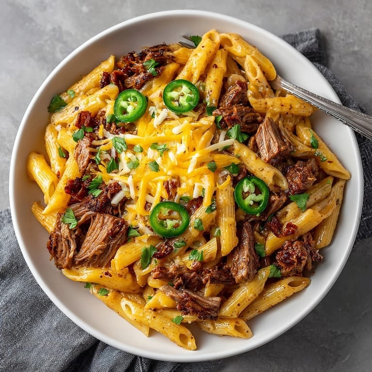 Close-up of a steaming bowl of Texas BBQ Pasta, loaded with cheese and jalapeño rings.