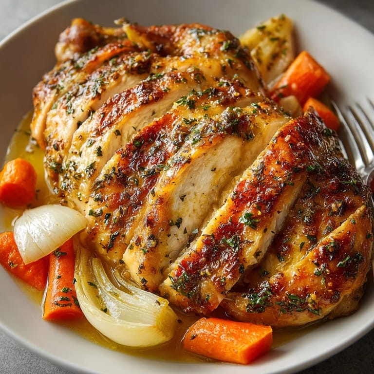Close-up of garlic herb roasted chicken with crispy skin, garnished with fresh rosemary and parsley.