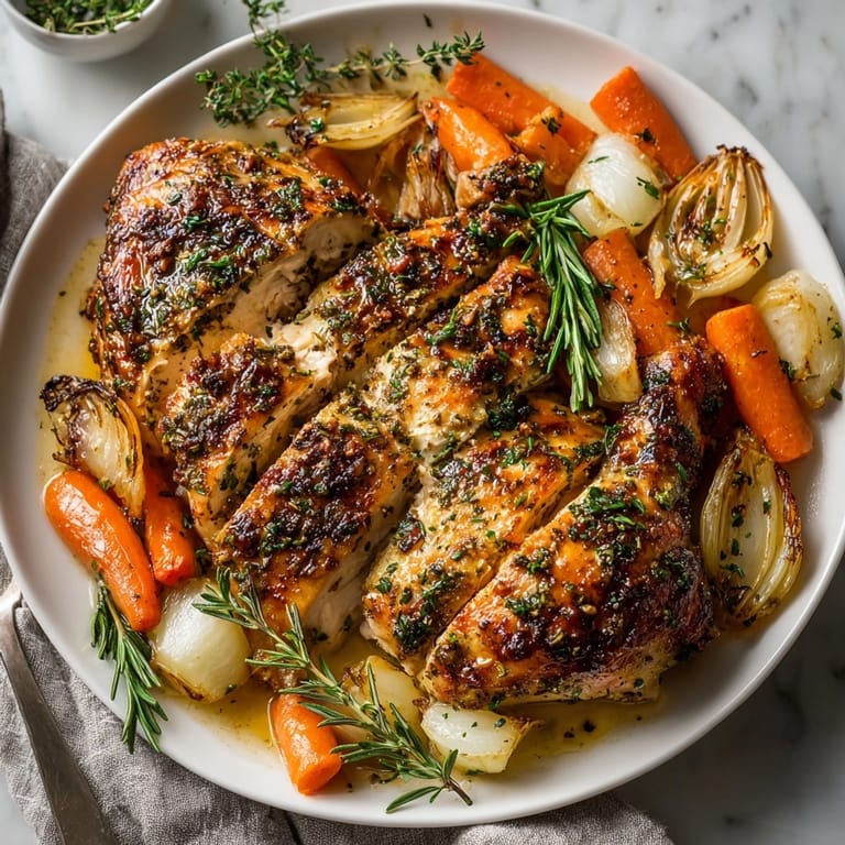 Juicy garlic herb roasted chicken carved for serving, surrounded by colorful carrots, celery, and onions.
