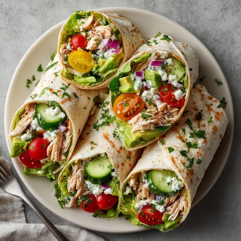 Closeup of stuffed Avocado Chicken Salad Wraps with juicy avocado chunks and tender shredded chicken.