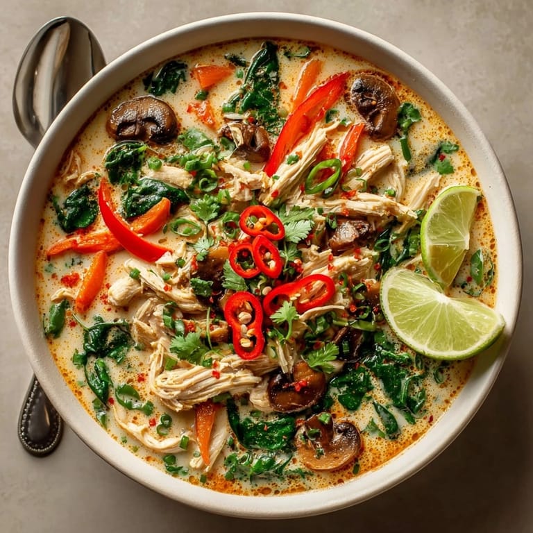 Closeup of Thai Curry Coconut Soup showing mushrooms, red chili, and baby spinach in silky coconut broth.