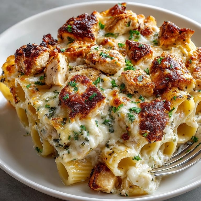 A hearty slice of creamy chicken Alfredo pasta bake served hot in a casserole dish.