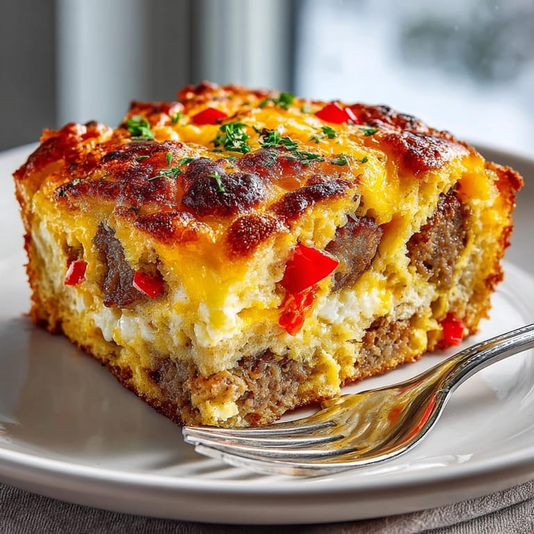 Hot Breakfast Casserole with Sausage and Cheddar Cheese, featuring fluffy eggs and melty cheese layers.