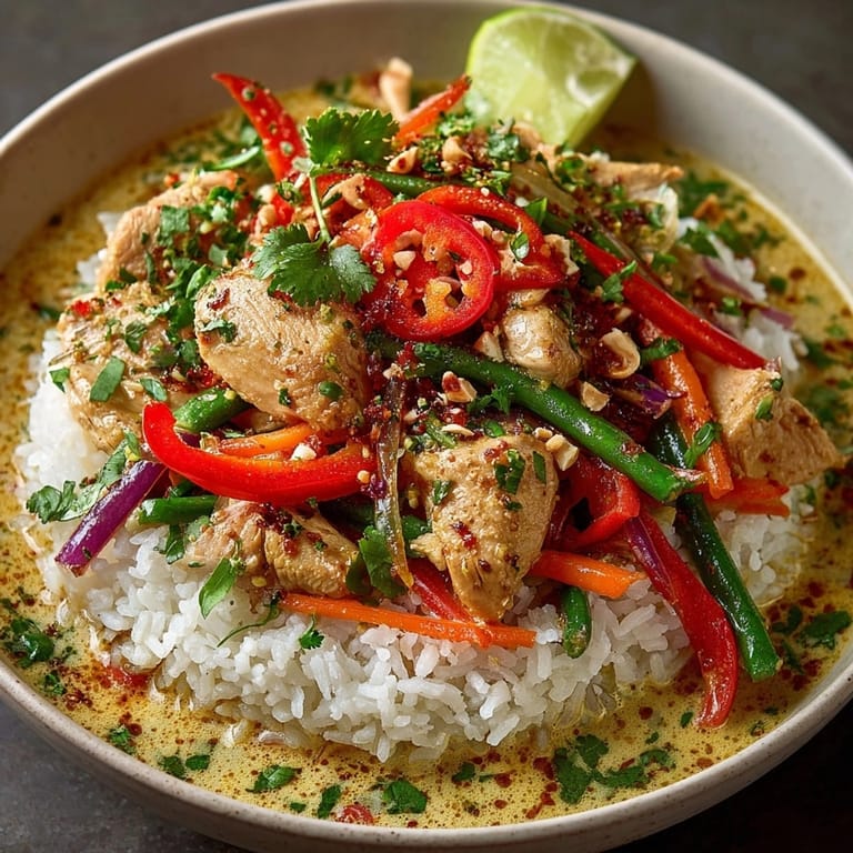 Steaming bowl of Thai Curry Chicken Rice in creamy coconut sauce with crisp vegetables