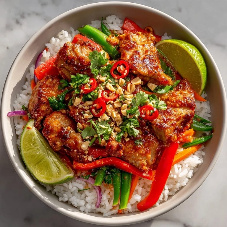 Hearty Thai Curry Chicken Rice Bowl served hot, showcasing jasmine rice, veggies, and coconut curry