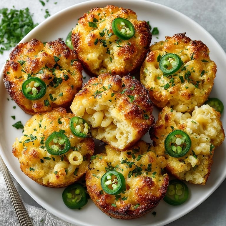Warm mac and cheese jalape&ntilde;o cornbread muffins served on a plate ideal as a savory side dish.