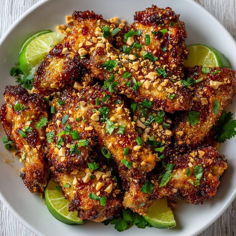 Close-up of crispy Peanut Butter Sriracha Chicken Wings coated in rich, tangy sauce, perfect for party appetizers.