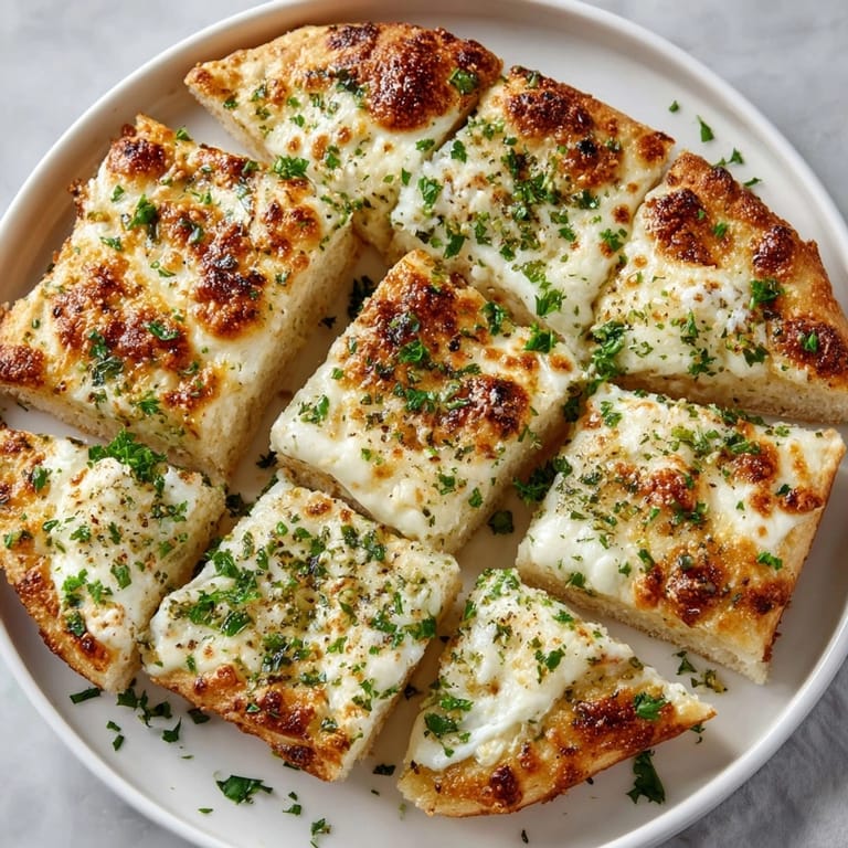 Hot Garlic Butter Alfredo Flatbread fresh from the oven, cut into servings on a rustic wooden board