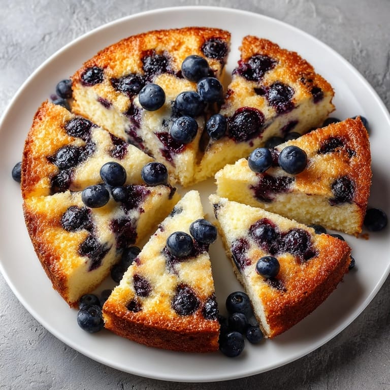 Soft and moist Ricotta Blueberry Breakfast Cake topped with juicy blueberries, ready to enjoy.