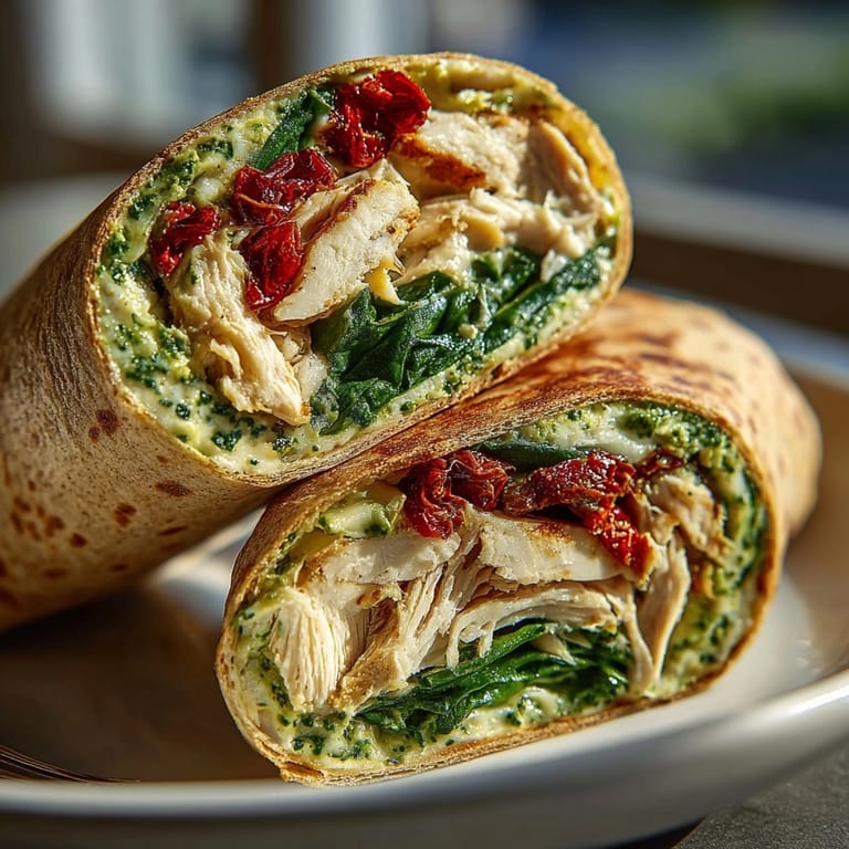 Golden brown chicken pesto wraps arranged on a plate, served warm with a drizzle of extra pesto.