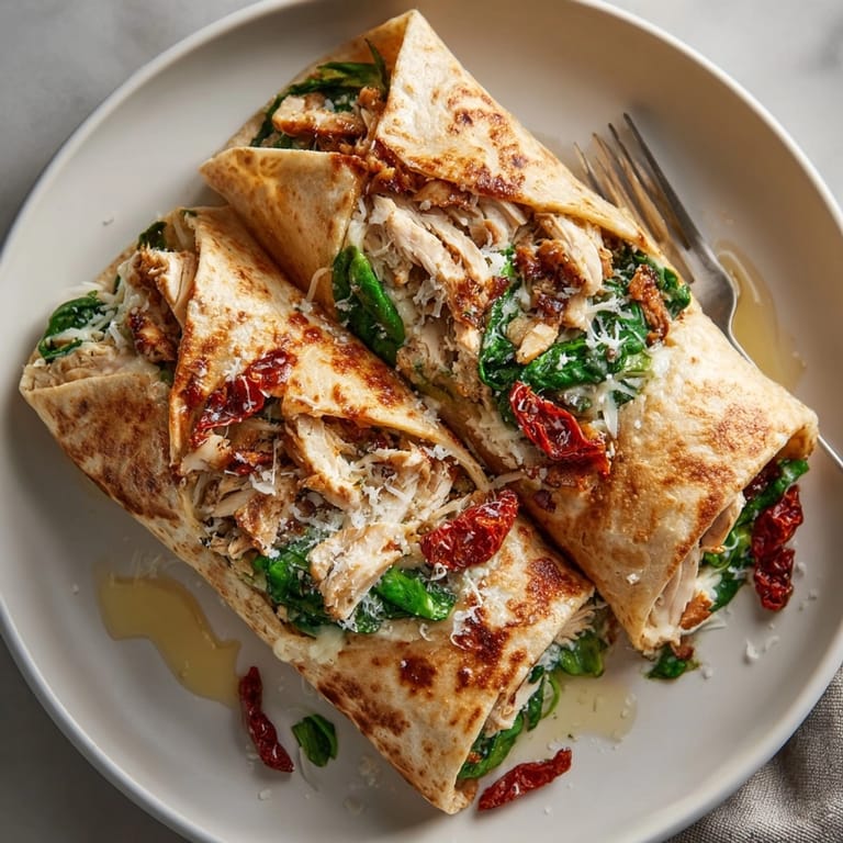 Chicken pesto wraps with shredded chicken, vibrant greens, and sun-dried tomatoes, perfect for a quick lunch meal.