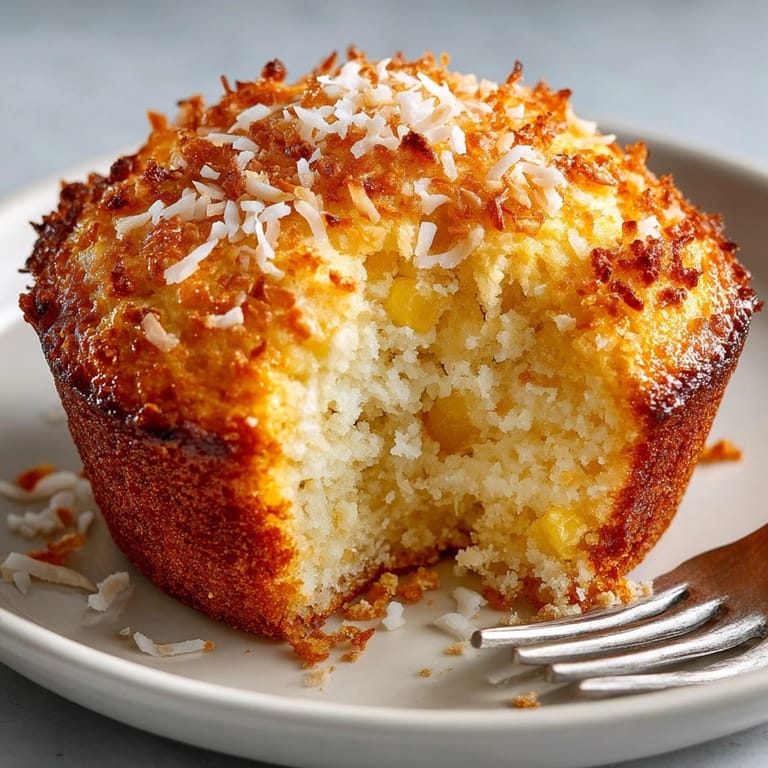 Freshly baked coconut and pineapple cottage cheese muffins with tropical aroma and moist texture.