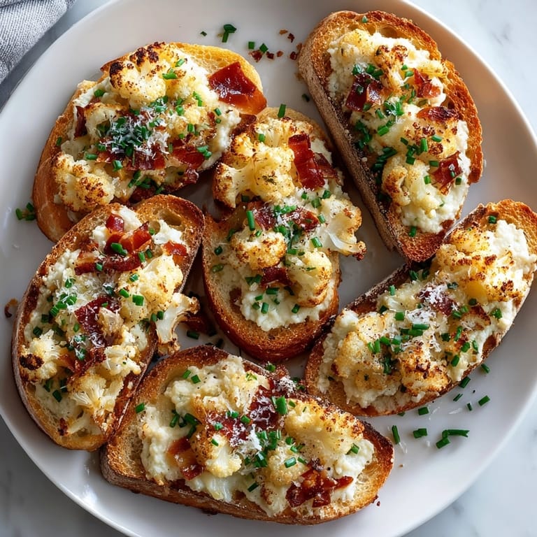 Broiled Cauliflower Toasts served hot, garnished with Parmesan, sea salt, and a dash of paprika