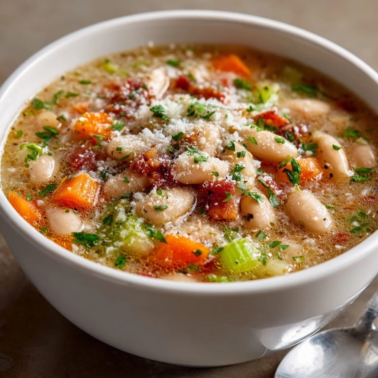 Creamy white bean soup with bacon and carrots, garnished with fresh chopped parsley.