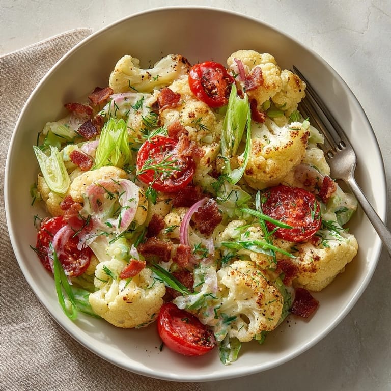 Close-up of BLT Cauliflower Salad featuring roasted grape tomatoes, sliced green onions, and golden bacon crumbles