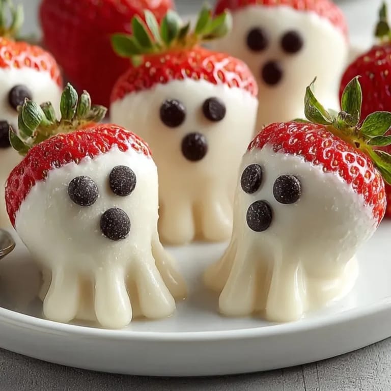 Frozen Yogurt-Covered Strawberry Ghosts garnished with chocolate chips, a dippable Halloween treat.