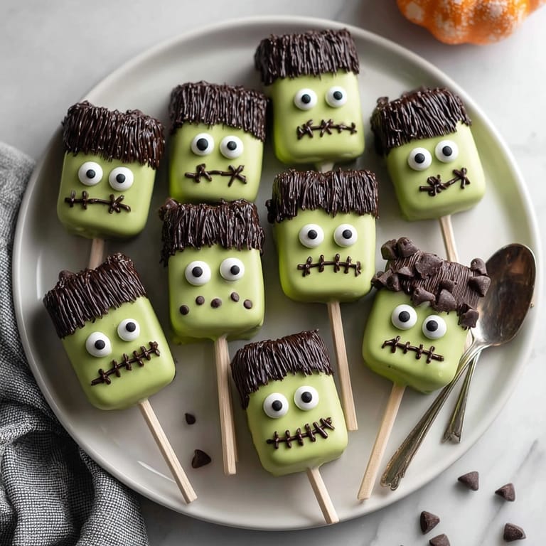 Homemade Frankenstein Marshmallow Pops with melted candy, perfect for parties, showing delightful details.