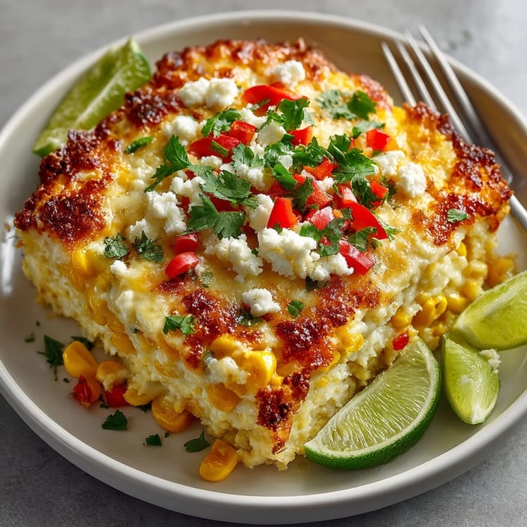 Hot, creamy Mexican Street Corn Casserole baking in a dish, topped with melting cheese.